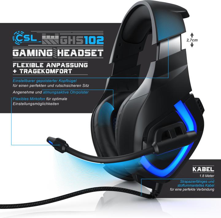 Produktbild CSL Gaming Headset, USB Kopfhörer mit Mikrofon für PC, PS4 / 4 Pro (Kabelgebunden)