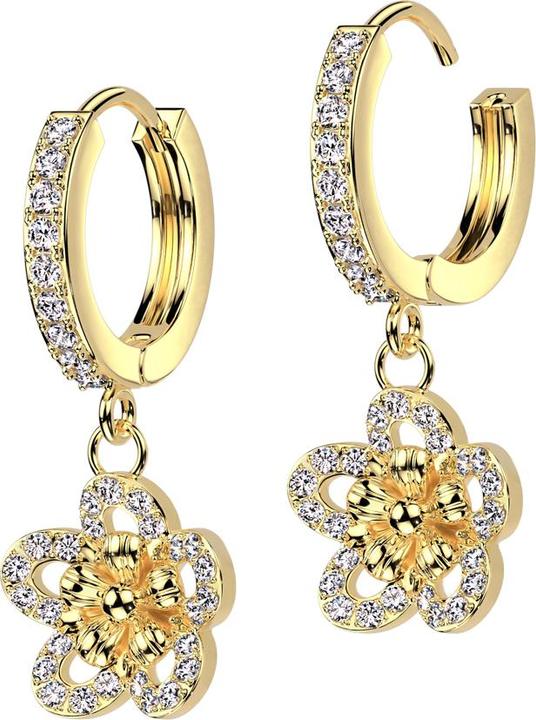 Produktbild Star Piercing Ohrring zum Klappen vergoldet Kristalle silber Anhänger Blume (Messing, Chirurgenstahl 316L)