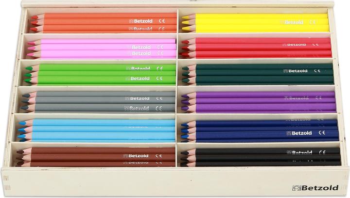 Image du produit Betzold 144 crayons triangulaires épais (17,5 cm) dans une boîte en bois (Multicolore, 1 x)
