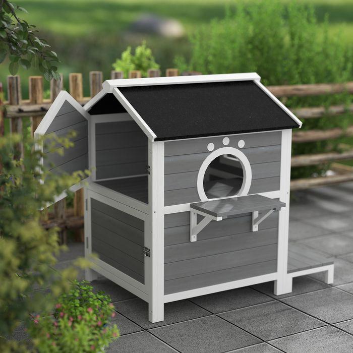 Actual product image Swisshandel24 Katzenhaus aus Holz Katzenhöhle mit Fenster, Balkon für Indoor, Outdoor Grau (Cat)