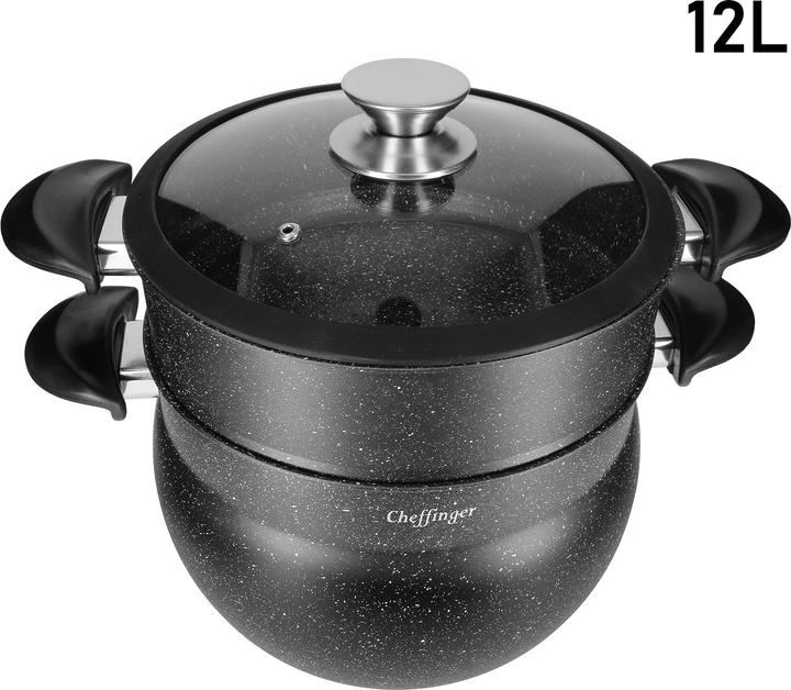 Produktbild Cheffinger Couscous-Topf mit Dampfgarer Innen Antihaftbeschichtung und Marmor-Effekt-Beschichtung 6L (20 cm, Dampfkochtopf, Aluminium)