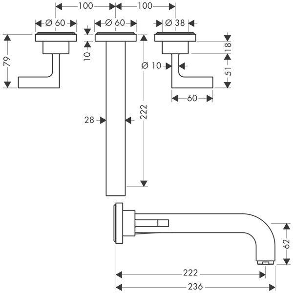 Actual product image Axor Citterio 3-hole basin mixer flush-mounted, spout 222mm, lever handles, rosettes for w