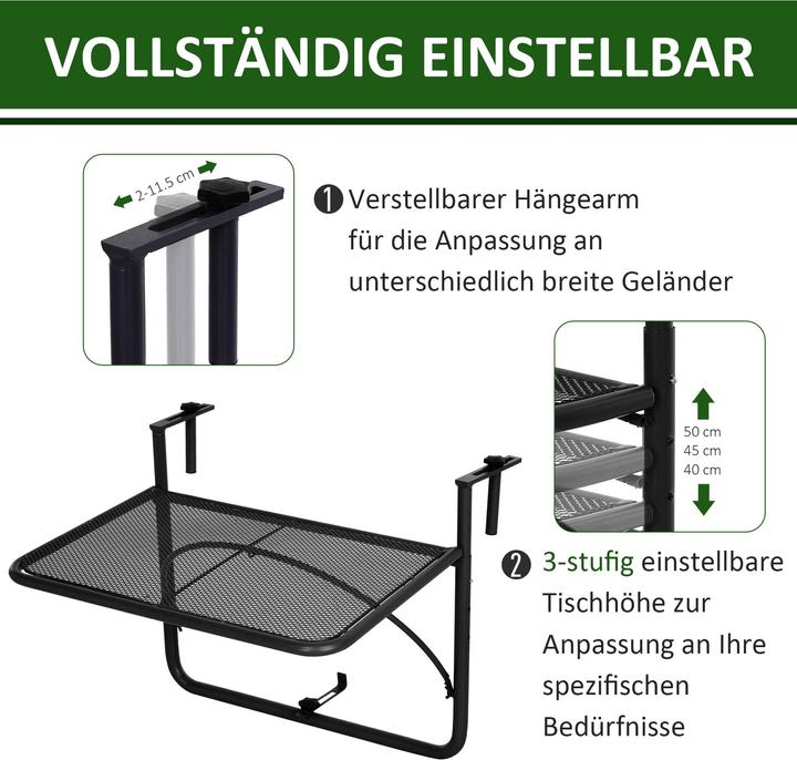 Image du produit Outsunny Table suspendue pour balcon réglable en hauteur (60 cm)