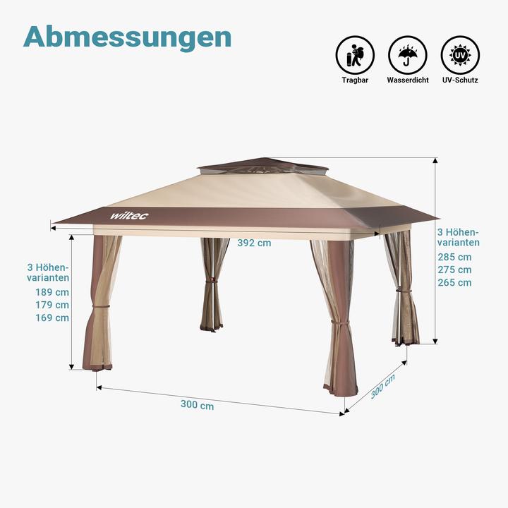 Image du produit Wiltec Pavillon pliable Moustiquaire 4x4m beige Pavillon de jardin Tente de réception Pavillion (400 cm, 400 cm)