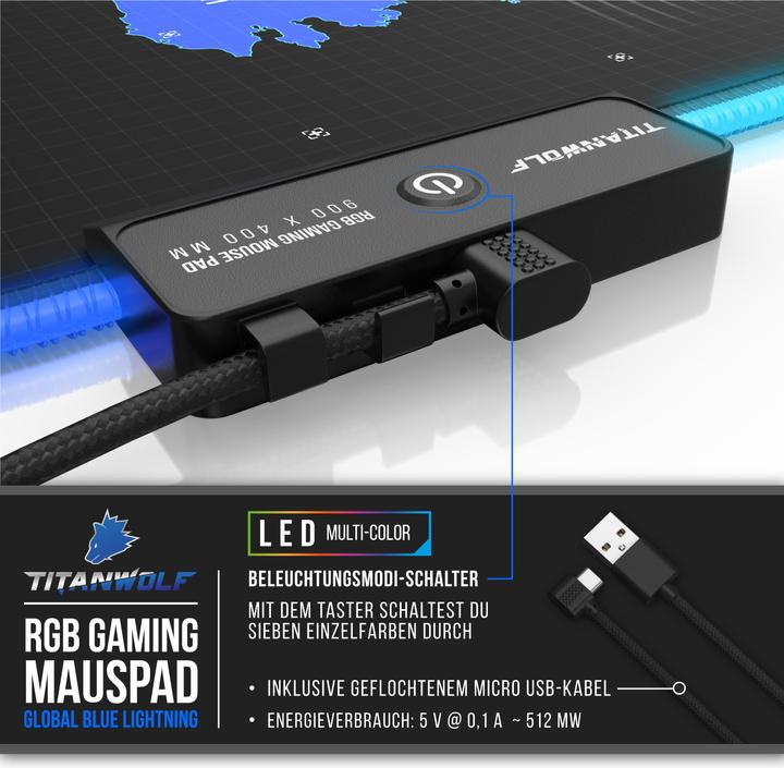 Actual product image Titanwolf RGB gaming mouse pad, mouse mat 900 x 400 mm, improves precision & speed, world map blue