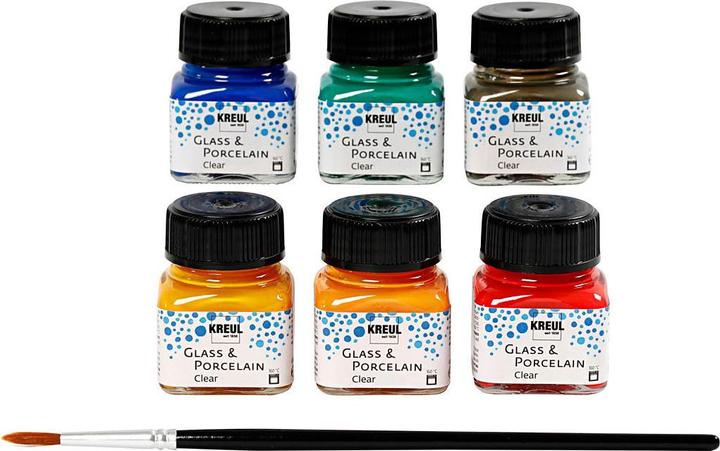 Actual product image Kreul glass & porcelain clear, set of 6 (Dark green, Cherry red, Sun yellow, Espresso brown, Dark Blue, Orange, 120 ml)
