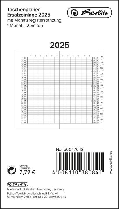Actual product image Herlitz Pocket planner replacement insert m.R. 20 1 month=2 pages, index cut (German)