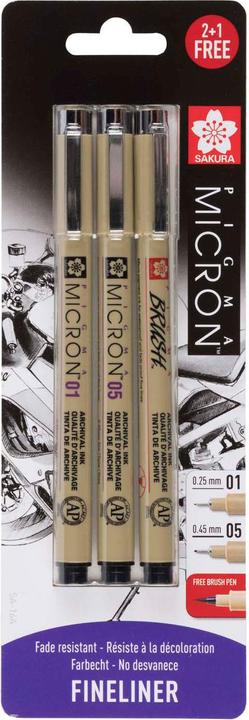 Immagine prodotto Sakura Pigma Micron fineliner set | 3 penne, 0,25 mm + 0,45 mm + 1 pennello Pigma in omaggio, nero (Nero, 3 x)