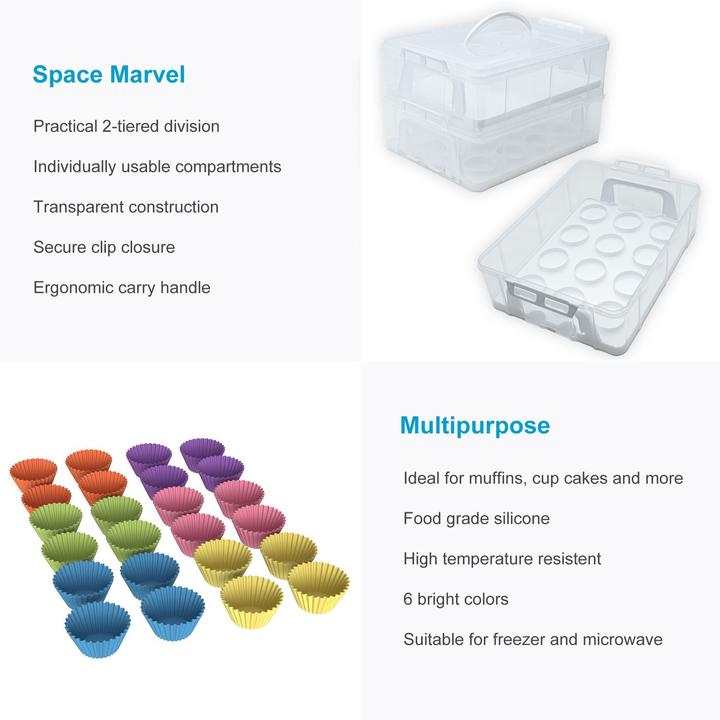 Produktbild Intirilife Muffin-Set: Kuchen Transportbox Weiss & Silikon Muffin Cupcakeformen