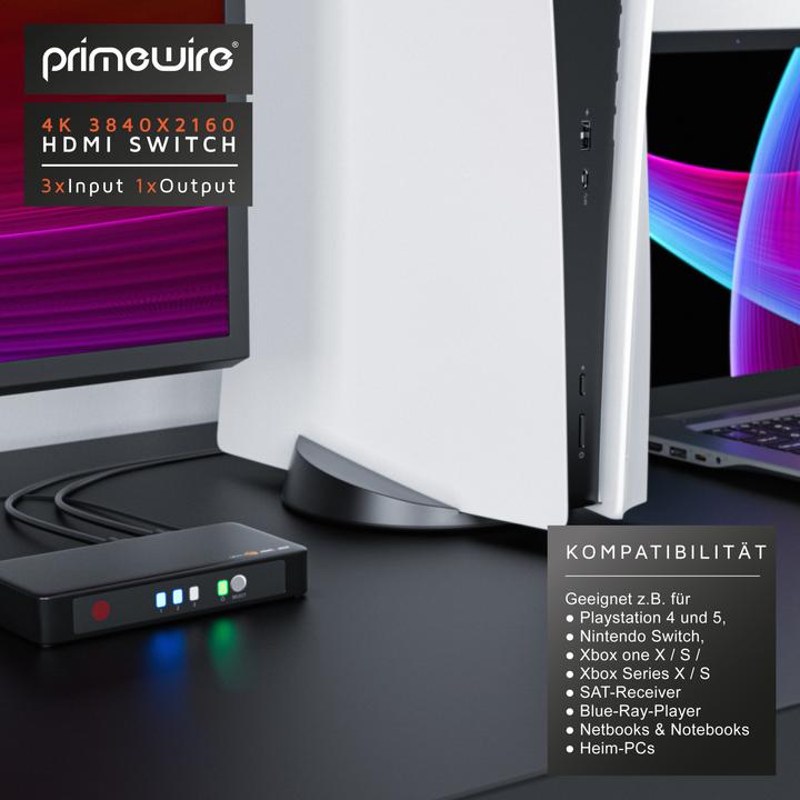 Actual product image Primewire 4k HDMI Switch 3 Port with Remote Control / 3D + CEC / 2160p 30Hz