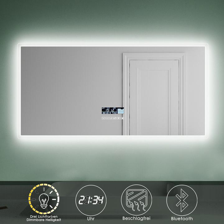 Image du produit SONNI Miroir de salle de bain avec éclairage LED, 120 x 60 cm, enceinte Bluetooth + 3 couleurs de lu