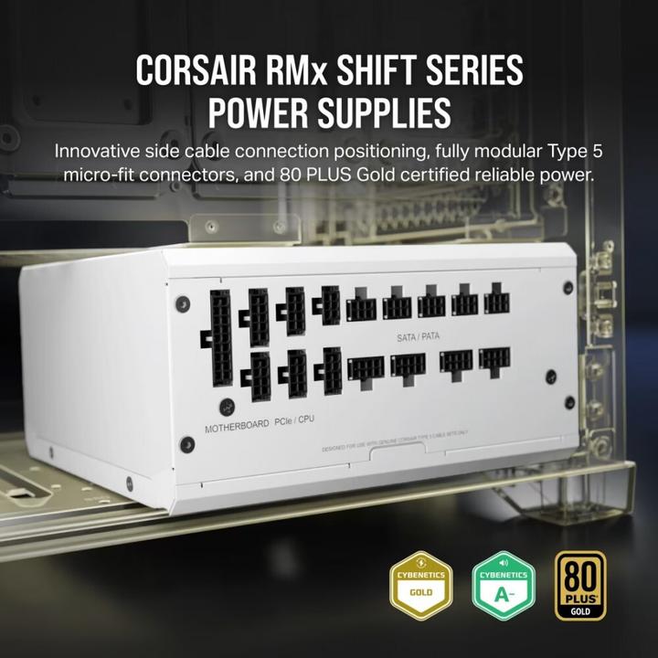 Actual product image Corsair RMx Shift White Series, RM1200x Shift White, 1200 Watt, 80 PLUS GOLD Certified, Fully Modular Power (1200 W)