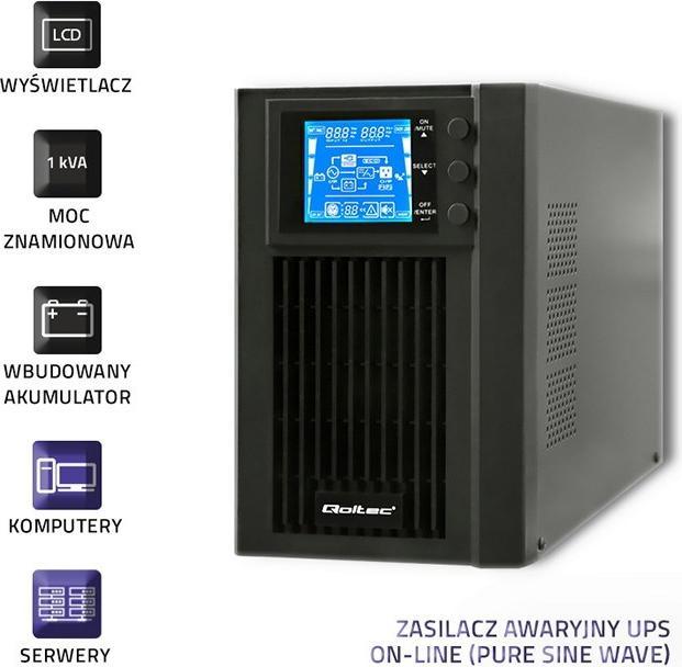 Actual product image Qoltec 53042 Uninterruptible Power Supply| On-line| Pure Sine Wave| 1kVA| (1000 VA, 800 W, Online double converter UPS)
