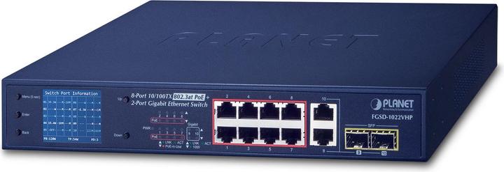 Immagine prodotto Planet Switch PoE combo a 8 porte 10/100TX 802.3at 2 porte Gigabit TP/SFP con monitor PoE LCD da 120 Watt. (8 Porti)