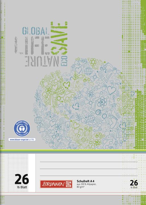 Image du produit Cahier d'écolier recyclé, quadrillé 26, DIN A4, marge extérieure, 16 feuilles (A4, Quadrillé, Couverture rigide)