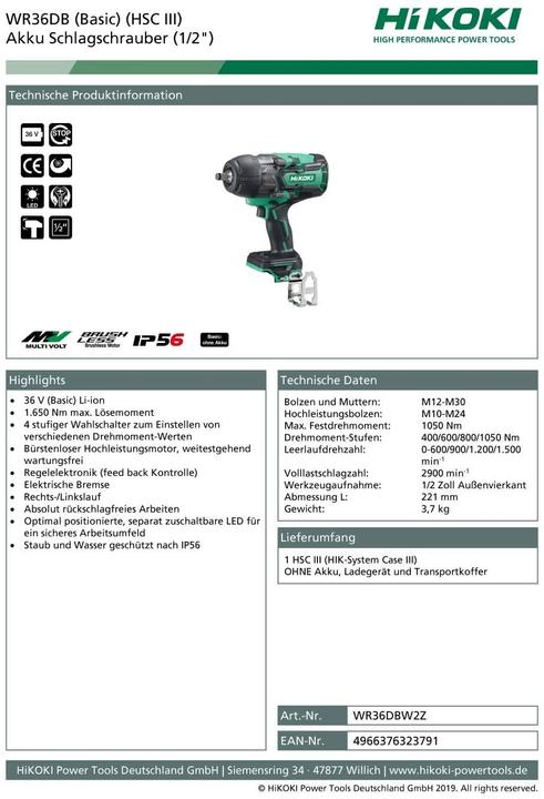 Produktbild Hikoki Schlagschrauber 36V (Akkubetrieb)