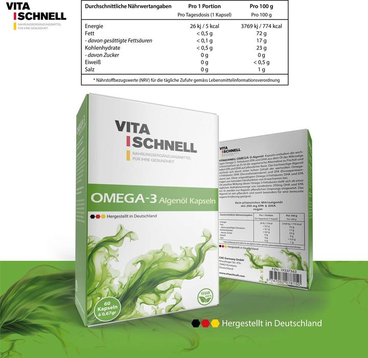 Nutritional values and ingredients Vitaschnell Omega-3 Algae Oil Capsules (60 Piece, Capsules, 53 g)