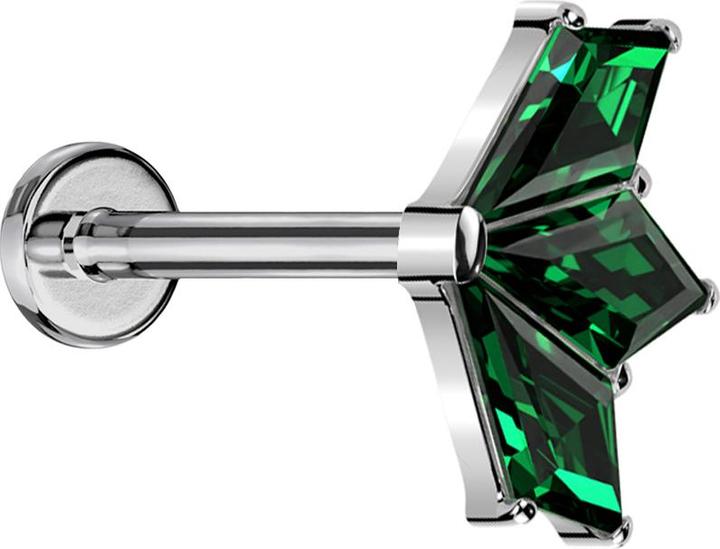 Produktbild Star Piercing Micro Threadless Labret silber Fächer silber drei Diamant Kristalle grün (Titan G23, ohne Messing)