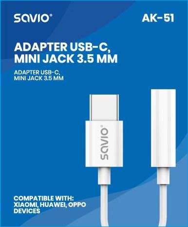 Image du produit Savio Adaptateur audio - USB type 3.1 C M - Prise jack 3,5 mm F - Blanc AK-51 (0.11 m, USB)