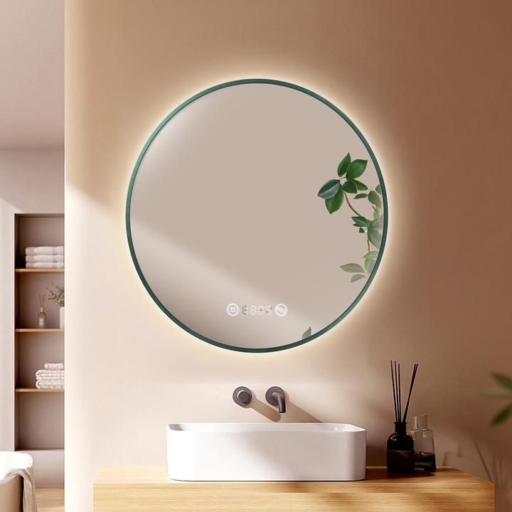 Produktbild Emke Runder Badspiegel 70 cm mit Beleuchtung, dimmbar, beschlagfrei, Uhr, Temperaturanzeige, IP44 (70 x 70 cm)