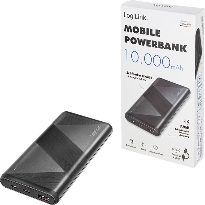 Immagine prodotto LogiLink Batteria ausiliaria mobile, 10.000 mAh, 2x USB, nero Batteria ausiliaria portatile per smartphone e (10000 mAh, 18 W, 37 Wh)