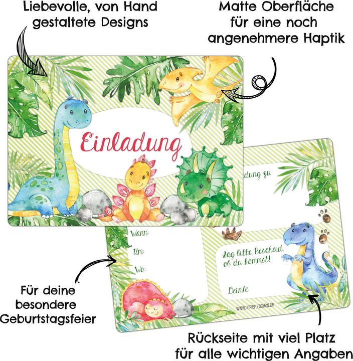 Produktbild Papierdrachen 12 Einladungskarten zum Geburtstag – Dinos (12 Stk.)