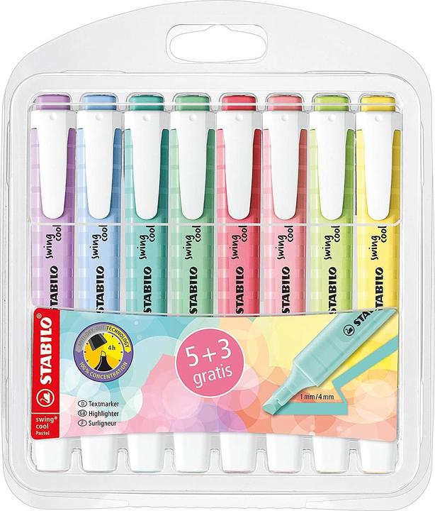 Actual product image STABILO Highlighter case 5+3ST Swing Cool assorted (Delicate turquoise, Cloudy blue, Lilac, Rosy blush, Cherry Blossom Pink, Touch of mint green, Pinch of lime and powdery yellow, 5 mm, 5 x)