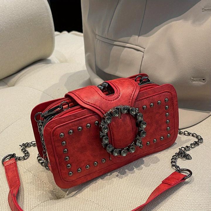 Only-Bags.Store Mode Retro-Kupplungstasche Nieten-Motorradtasche Ketten-Umhängetasche Schwarze Handytasche