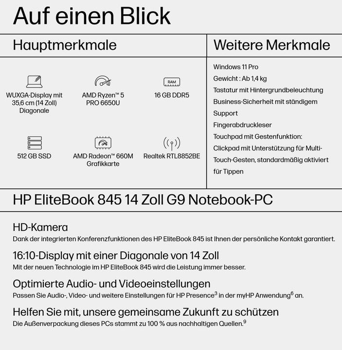 Produktbild HP EliteBook 845 G9 (14", AMD Ryzen 5 Pro 6650U, 16 GB, 512 GB, DE)