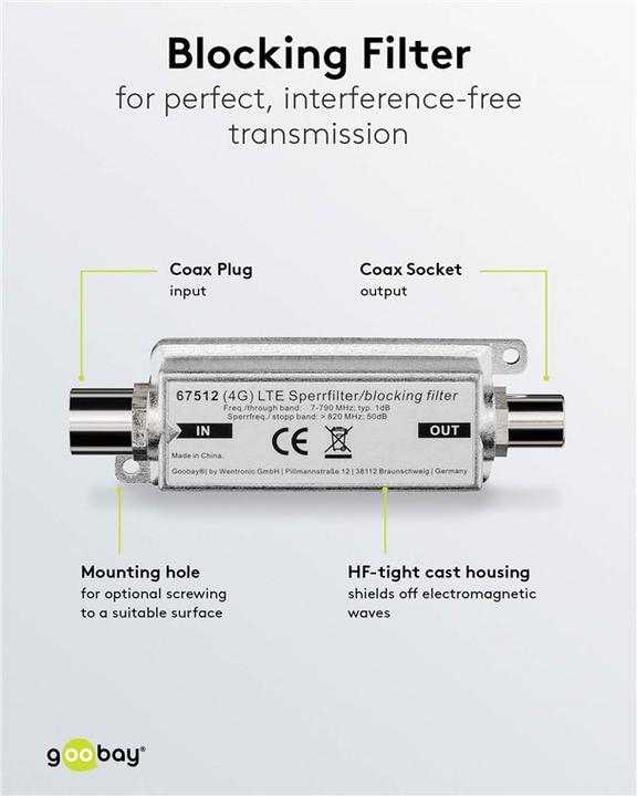 Immagine prodotto Goobay Filtro di blocco LTE/4G Coax maschio - Coax femmina (Amplificatore)
