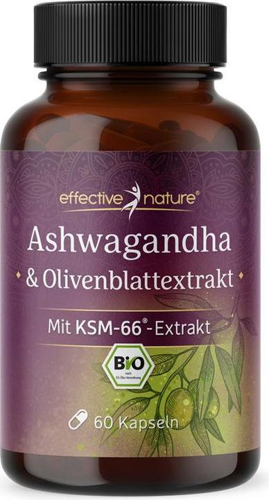 Effective Nature Ashwagandha KSM-66 & Olivenblatt-Extrakt Bio (60 Stück, Kapseln)