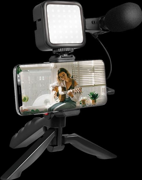 Produktbild LogiLink Vlogger Kit mit LED-Licht, Mikrofon + Stativ, für 4,77" Smartphones