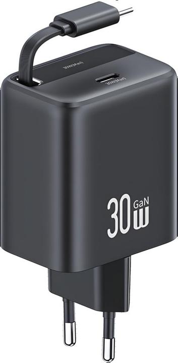 Immagine prodotto Usams Ład. siec. 1xUSB-C ze zwijanym kablem USB-C Retractable PD+QC 30W Gan Fast Charging czarny/bla (30 W)