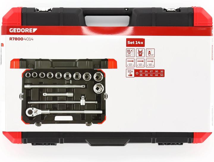 Produktbild Gedore Red red Steckschlüsselsatz, 14-teilig, Mit Umschaltknarre, Ratsche, Steckschlüssel, 3/4" (36 mm, 43 mm, 42 mm, 23 mm, 48 mm, 37 mm, 28 mm, 44 mm, 38 mm, 32 mm, 31 mm, 50 mm, 39 mm, 49 mm, 22 mm, 33 mm, 26 mm, 34 mm, 46 mm, 40 mm, 27 mm, 29 mm, 45 mm, 24 mm, 25 mm, 30 mm, 41 mm, 47 mm, 35 mm)