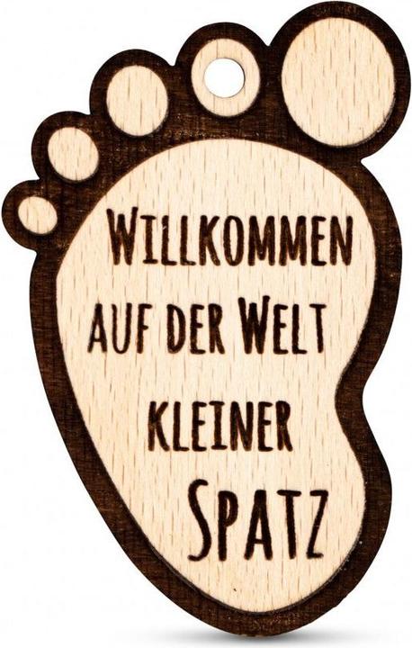 Produktbild ZNatur Babyfuss Holz Anhänger Geschenk zur Geburt Deko mit Gravur Willkommen auf der Welt No.97