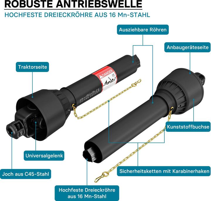 Produktbild Wiltec Zapfwelle T2 Gelenkwelle 740-960mm 270Nm 540U/min PTO-Shaft 23kW 2x 1 3/8" Z6 (Traktorzubehör)