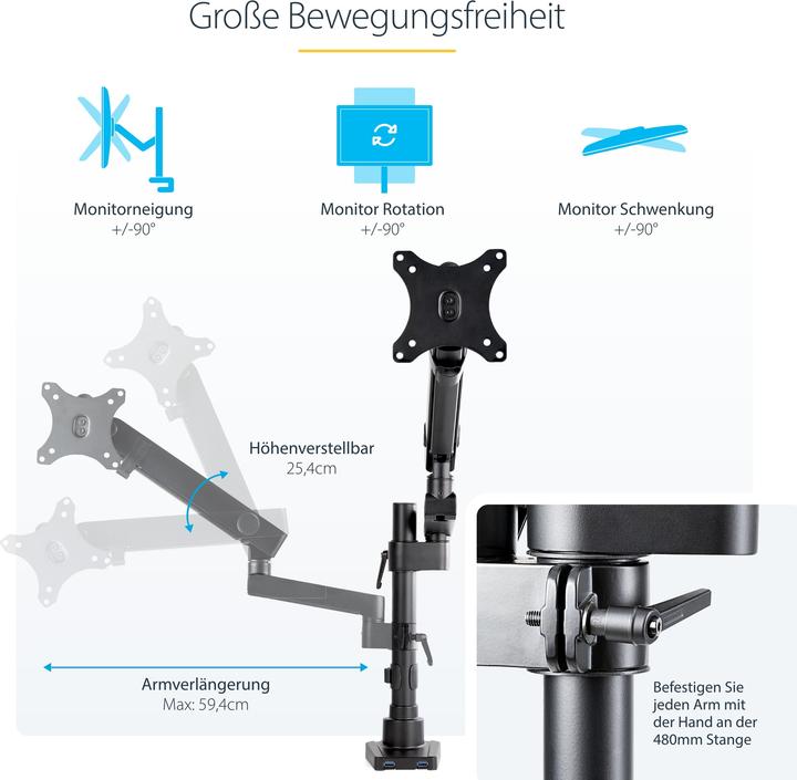 Produktbild StarTech ARMPIVOT2USB3 Monitorhalterung (Gelenkarm, 34-Zoll-VESA-Monitor, Premium 2x USB (Tisch, 34")