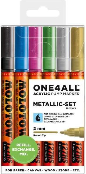 Produktbild Molotow One4All 127HS Acryl Marker Metallic-Set (2,0 mm Strichstärke, hochdeckend und permanent, UV- (Sortiert, 2 mm, 6 x)