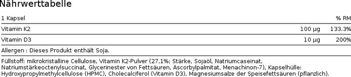 Nährwerte und Zutaten Zein Pharma Vitamin K2 (60 Stück, Kapseln)
