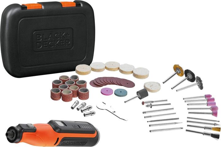 1 large sanding cylinder holder, 1 bristle brush, 1 polishing wheel holder, 5 grinding tips, 3 additional collets, 1 bristle brush, 5 large polishing wheels, 10 large sanding cylinders, 1 brass brush, 1 brass brush, 2 grinding discs, 1 cloth polishing wheel, 2 tungsten milling cutters, 1 disc holder, USB charging cable without mains adapter, 1 large sanding cylinder, 5 Tungsten milling cutters, Storage box, Key, 10 cutting discs, 1 steel brush