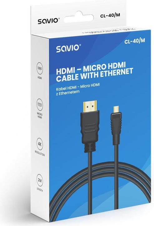 Actual product image Savio CL-40/M HDMI (M) - micro HDMI (M) cable with Ethernet 2m Black (2 m, HDMI)