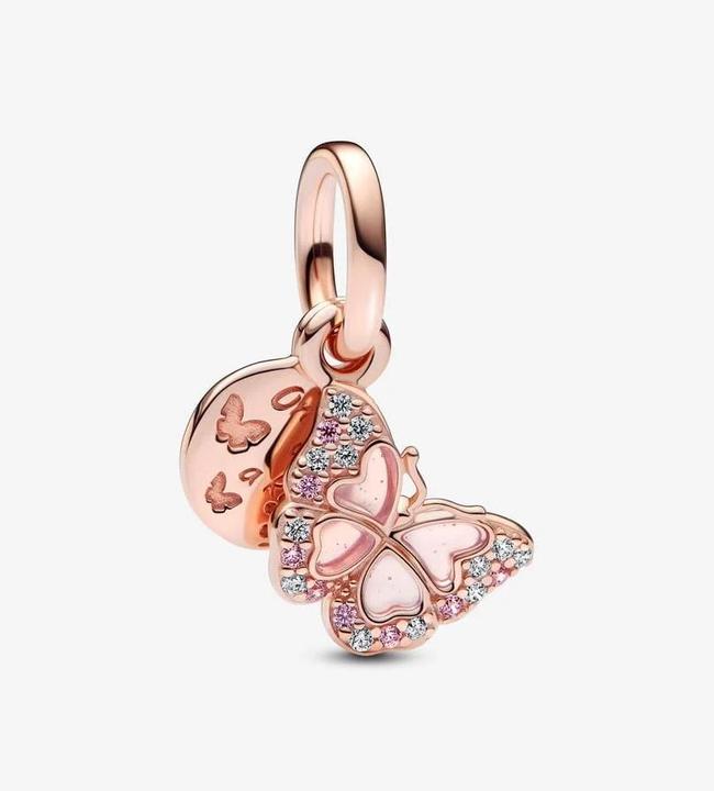 Produktbild Pandora Rosafarbener Schmetterling & Spruch Doppelter Charm (Metall rosévergoldet)