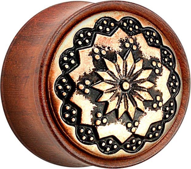Produktbild Star Piercing Flared Plug aus Rosenholz Tribal Blume (Organisch, Messing)
