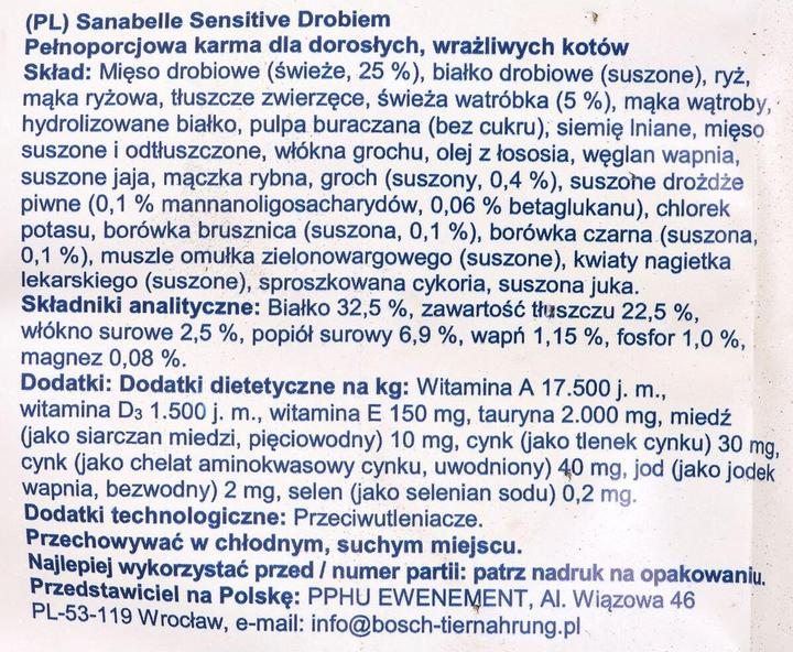 Nährwerte und Zutaten Sanabelle Trockenfutter Sensitive (Adult, 1 Stk., 10000 g)