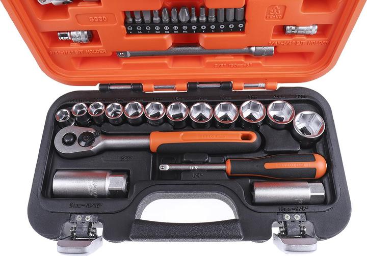 Image du produit Bahco 1/4"- und 3/8"-Steckschlüssel-Satz, metrisch, Sechskant, inklusive Umschaltknarre - 34-teilig (3/8")