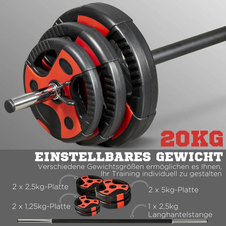 Produktbild Homcom Langhantel-Set 20 kg, inkl. 6 Hantelscheiben, rutschfeste Stange, schwarz+rot (2 x 5 kg)