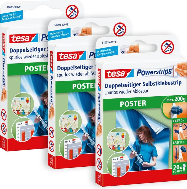 Actual product image tesa 3x Powerstrips POSTER, 200g Halteleistung, 60x doppelseitige Klebestreifen
