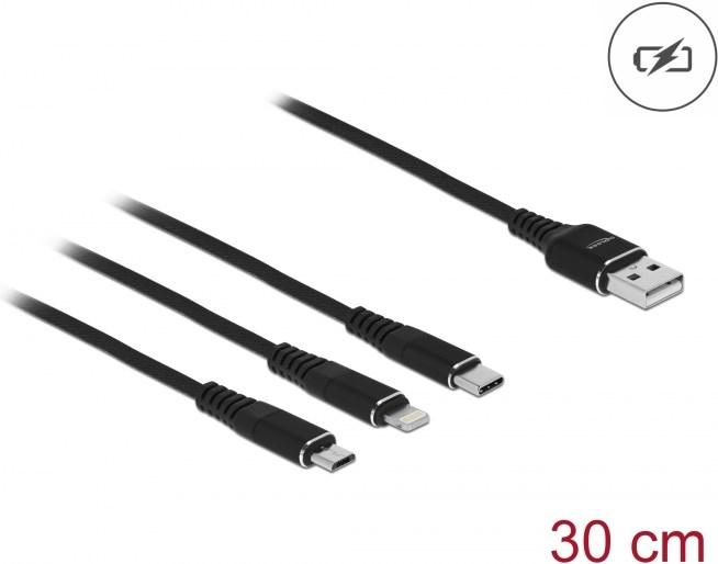 Productafbeelding Delock USB-oplaadkabel 7,60 cm (3") 1 voor Lightning™ / Micro USB / USB Type-C™ 30 cm zwart (0.30 m, USB 2.0)