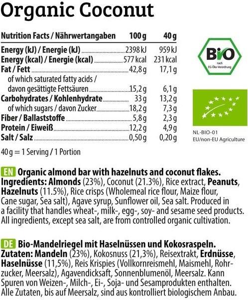 Nährwerte und Zutaten HEJ Nutrition Bite (40g) (Almonds & Sea Salt, 1 Stk., 40 g)