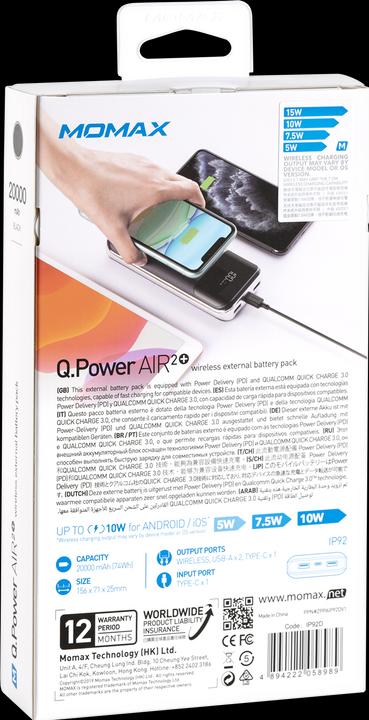 Actual product image Momax Q.POWER AIR 2+ Wireless External Battery Pack 20,000mAh (PD 18W + QC3.0 + 10W Wireless)